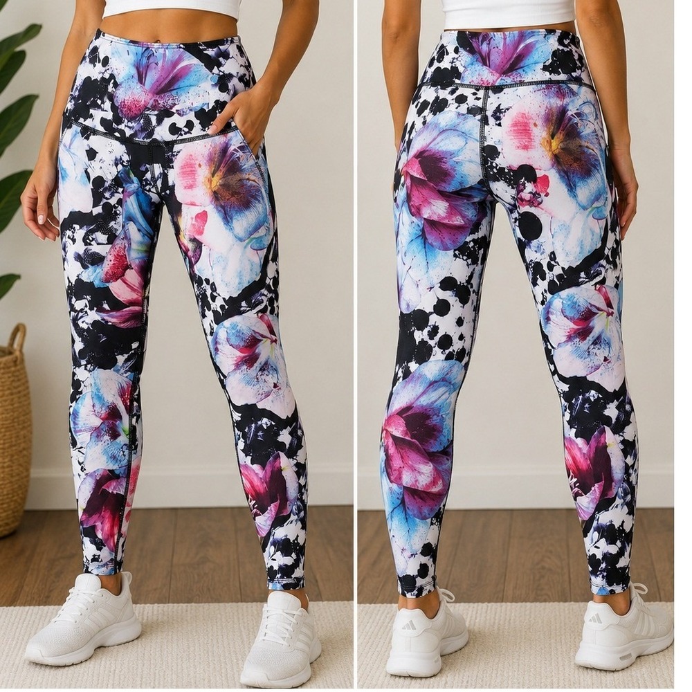 Kyodan Floral Abstract Print High Rise Active Leggings Women Small Pink Blue